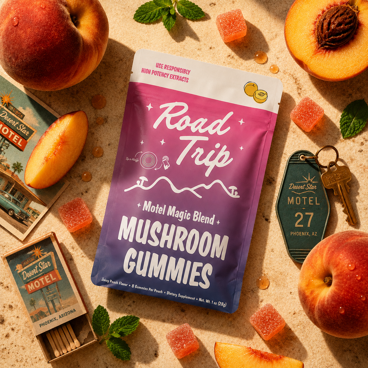 Motel Magic Peach mushroom gummies lifestyle