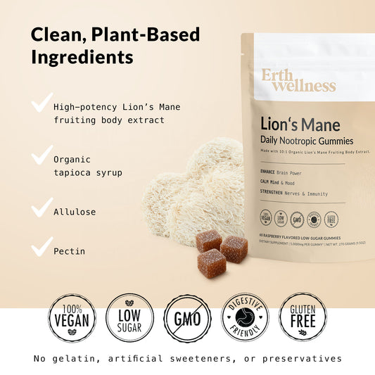 Lion’s Mane Nootropic Gummies by Erth Wellness – 10:1 Fruiting Body Extract – Cognitive Support