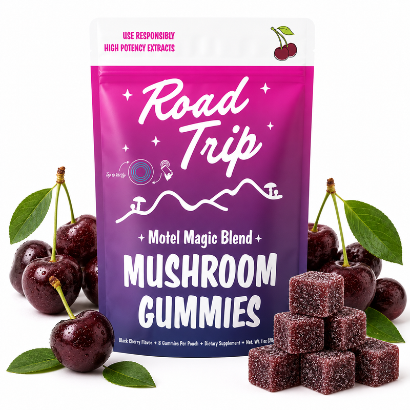 Motel Magic Black Cherry mushroom gummies pouch