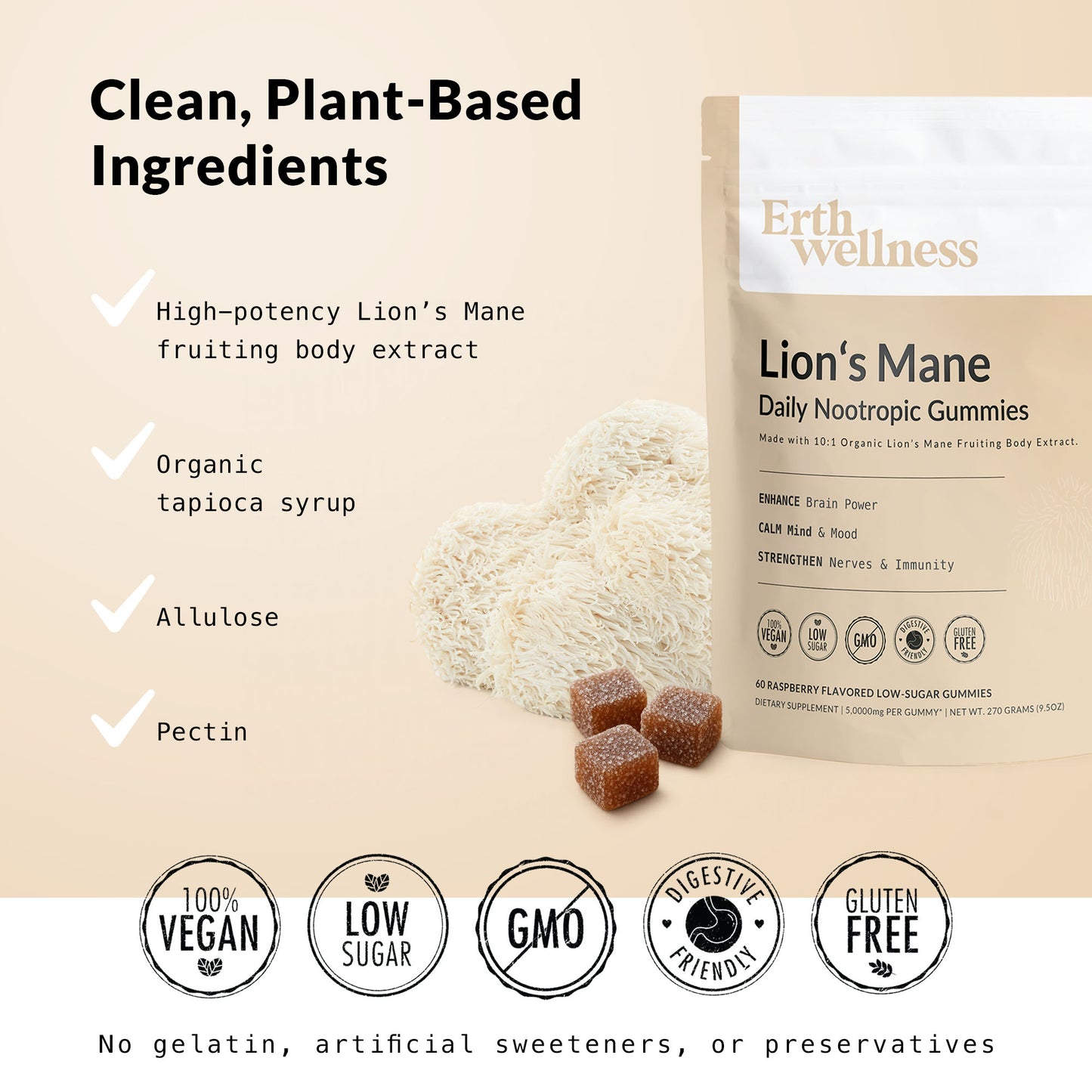 Lion’s Mane Nootropic Gummies by Erth Wellness – 10:1 Fruiting Body Extract – Cognitive Support